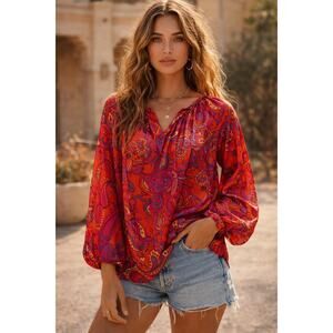 Lauren Ralph Lauren Silk Paisley Blouse – Red, Pink, Purpple Boho Top-Size Large